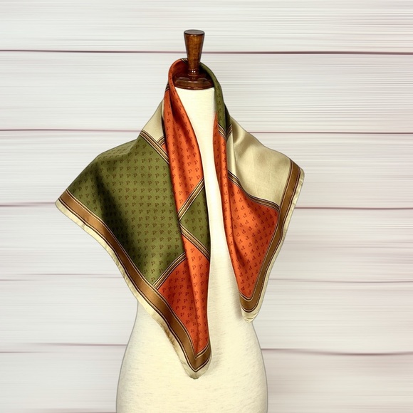 Vintage Daniel La Foret Twill Silk Scarf Geometric Patchwork Orange Green Cream - Picture 5 of 7